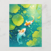 Koi Fish Swimming in Sunlit Green Lily Pond