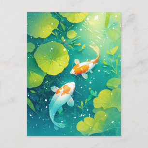 Koi Fish Swimming in Sunlit Green Lily Pond Postcard