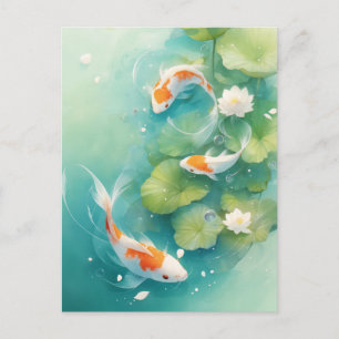 Koi Fish Swimming in Turquoise Lotus Pond Postcard