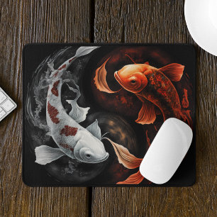 Koi Fish Taiji Circle Japanese Art Black And White Mouse Pad