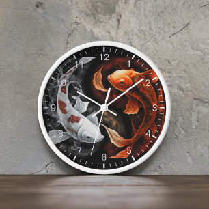 Koi Fish Taiji Circle Japanese Art Black Clock