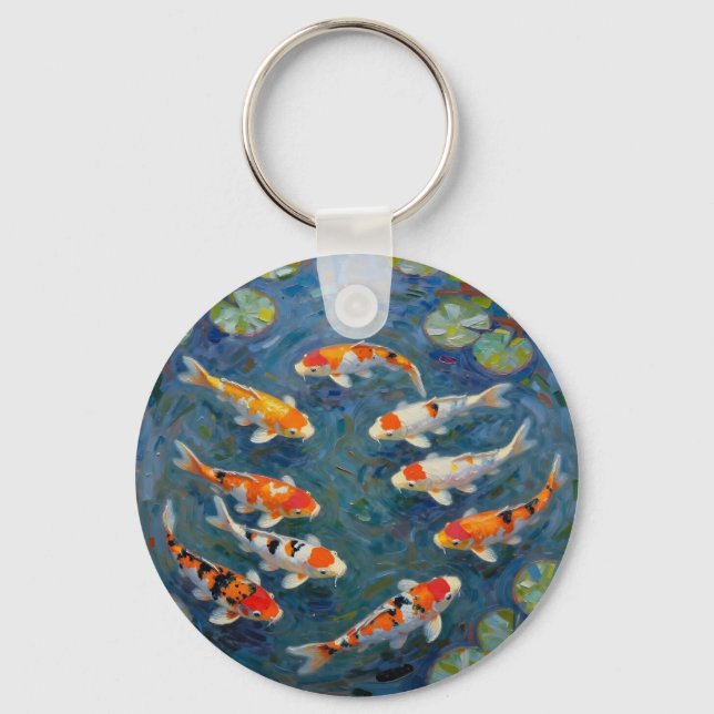 Koi Fish Water Lilies Impressionist Pond Key Ring (Front)