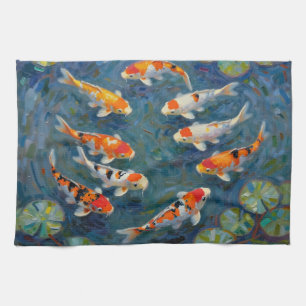 Koi Fish Water Lilies Impressionist Pond Tea Towel