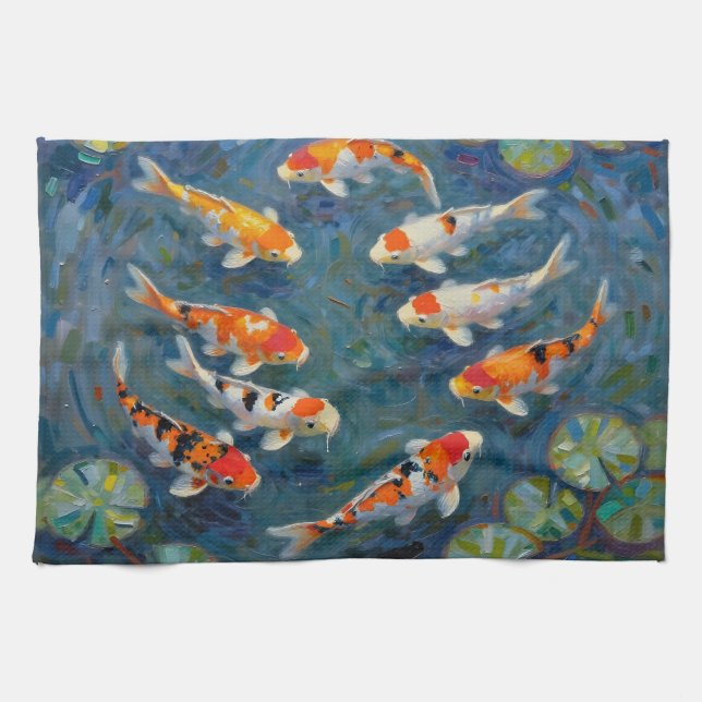Koi Fish Water Lilies Impressionist Pond Tea Towel (Horizontal)