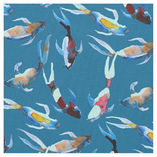 koi Fish watercolor Japanese art Fabric (Close Up)