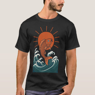Koi Fish Wave Sun Japanese Art Style Luck Strength T-Shirt