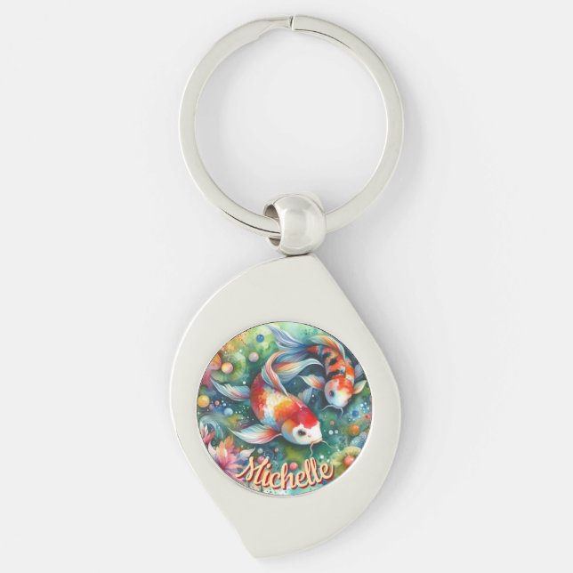 Koi Fish Whimsical Watercolor Orange Personalised Key Ring (Front)