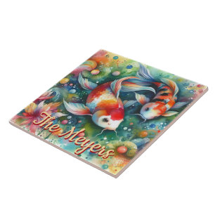 Koi Fish Whimsical Watercolor Orange Personalised Tile