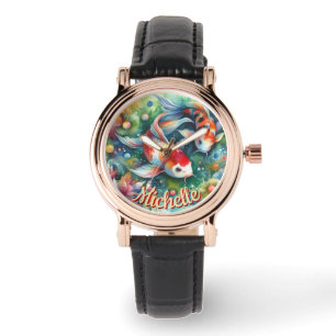 Koi Fish Whimsical Watercolor Orange Personalised Watch