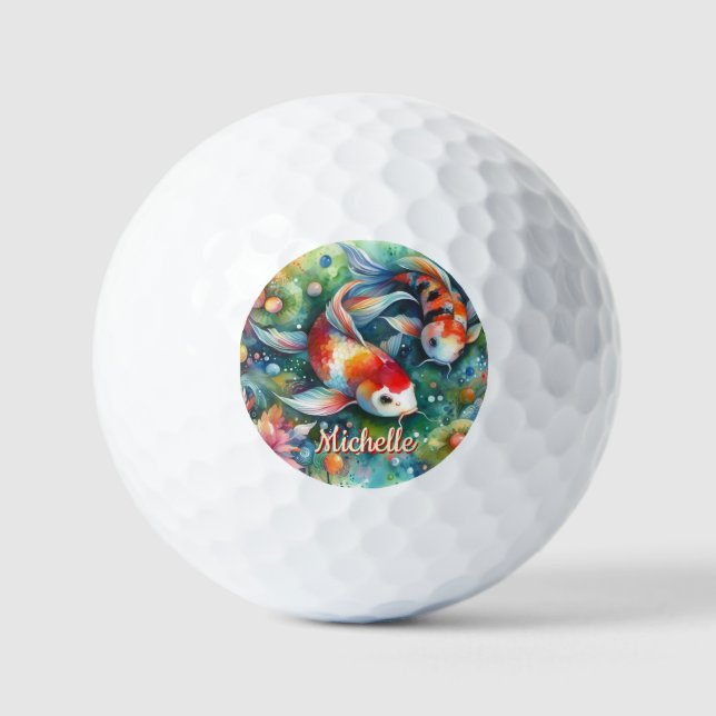 Koi Fish Whimsical Watercolor Personalised Golf Balls (Front)