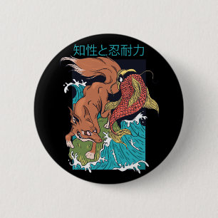 Koi Fish with Fox Japanese Style Design 6 Cm Round Badge