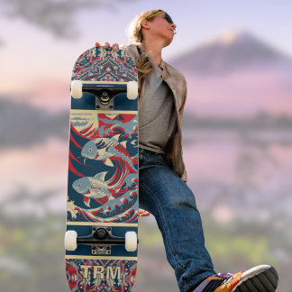 Koi Fish with Red Blue Crazy Pattern Monogram Skateboard