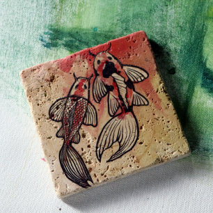 Koi Pond Fish Artwork Stone Coaster