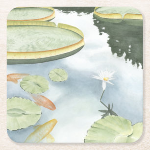 Koi Pond Reflection with Fish and Lilies Square Paper Coaster
