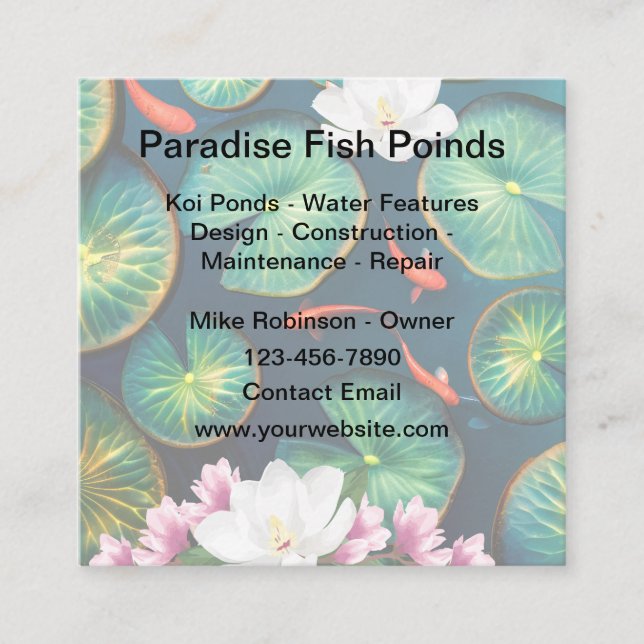 Koi Pond Water Feature Contractor Square Business Card (Front)