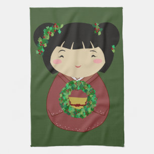 Kokeshi Christmas Wreath Tea Towel