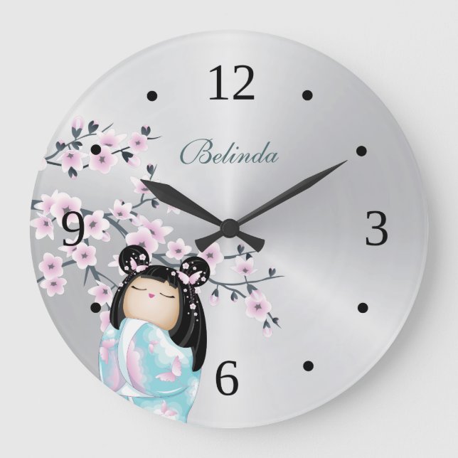 Kokeshi Doll and Cherry Blossoms Silver Monogram Large Clock (Front)