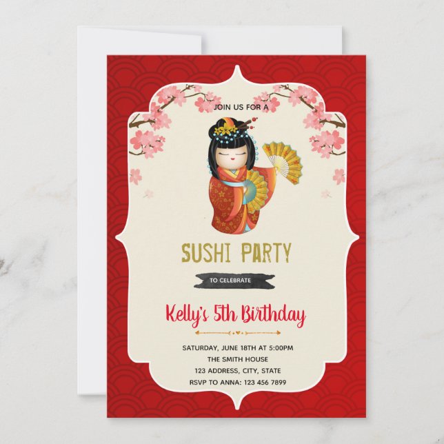 Kokeshi doll birthday invitation (Front)