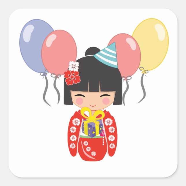 Kokeshi Doll Birthday Party Square Sticker (Front)