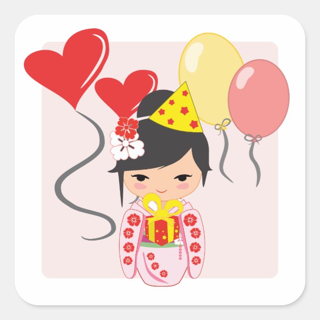 Kokeshi Doll Birthday Party Square Sticker (Front)