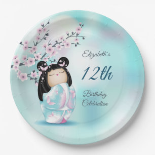 Kokeshi Doll Cherry Blossom Girl´s Birthday Paper Plate
