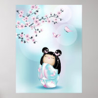 Kokeshi Doll Cherry Blossom Turquoise Girls 