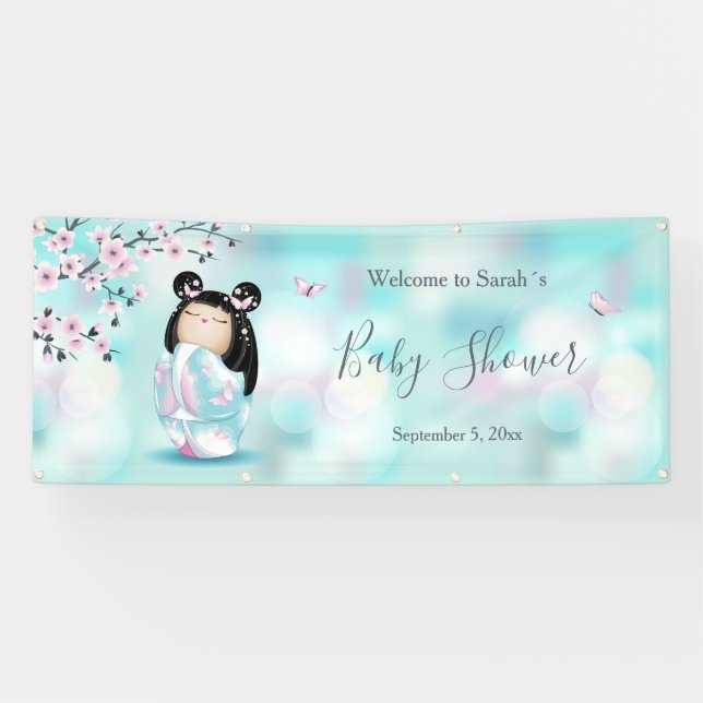 Kokeshi Doll Cherry Blossoms Baby Shower Banner (Horizontal)