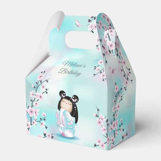 Kokeshi Doll Cherry Blossoms Turquoise Favour Box (Front Side)