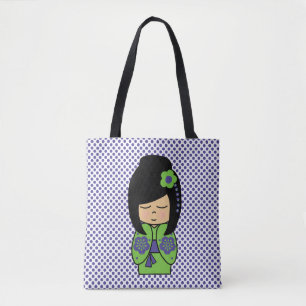 Kokeshi Doll Green Purple All-Over-Print Tote Bag