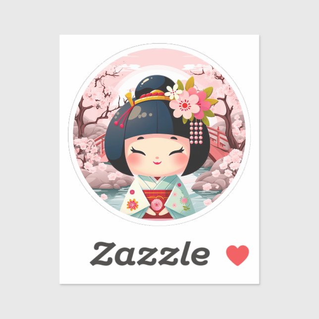 Kokeshi Doll Green with landscape, Kokeshi Sticker (Sheet)