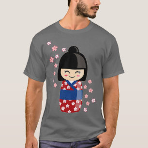 Kokeshi Doll Kawaii In Japanese Kimono And Sakura  T-Shirt