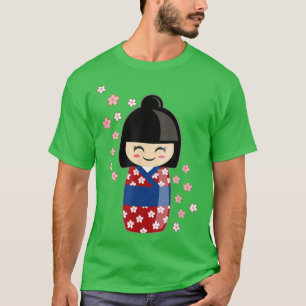Kokeshi Doll Kawaii In Japanese Kimono And Sakura  T-Shirt