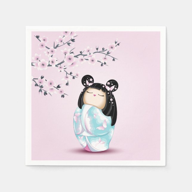 Kokeshi Doll Pink Turquoise Girls Birthday Napkin (Front)