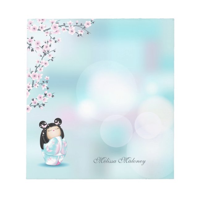 Kokeshi Doll Pink Turquoise  Monogram  Notepad (Front)