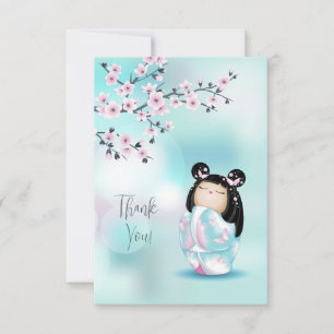 Kokeshi Doll Pink Turquoise Thank You Card