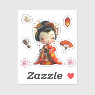 Kokeshi Doll Red and Gold, Geisha Stickers