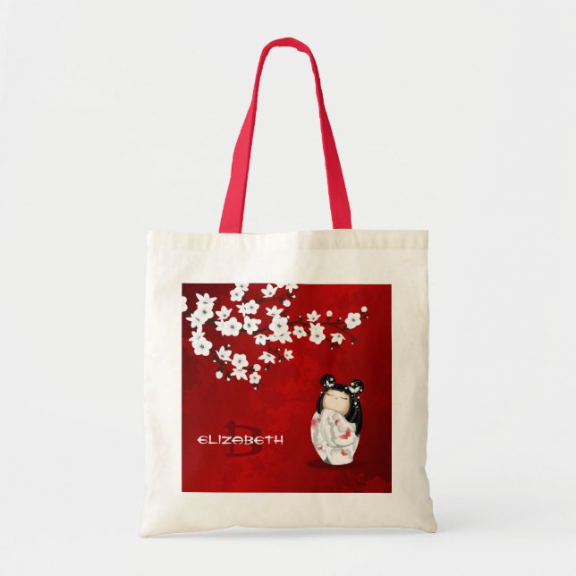 Kokeshi Doll Red Black And White Cherry Blossom  T Tote Bag (Front)