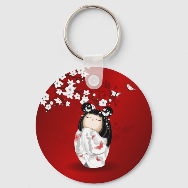 Kokeshi Doll Red Black White Cherry Blossoms Key Ring (Front)