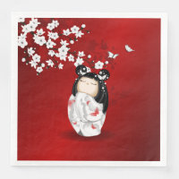 Kokeshi Doll Red Black White Cherry Blossoms