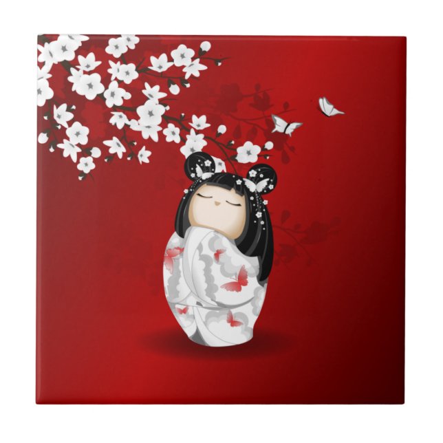 Kokeshi Doll Red Black White Cherry Blossoms Tile (Front)