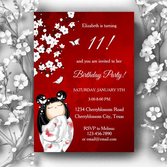 Kokeshi Doll Red White | Girl´s Birthday Invitation (Creator Uploaded)