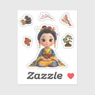 Kokeshi Doll Sticker Blue and Gold