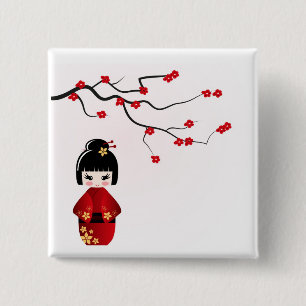 Kokeshi doll under sakura branch 15 cm square badge