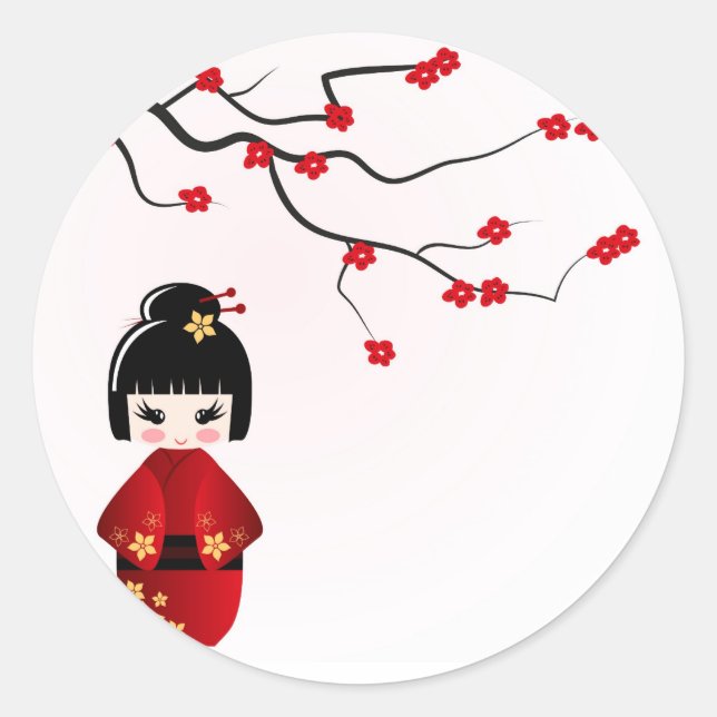 Kokeshi doll under sakura branch classic round sticker (Front)