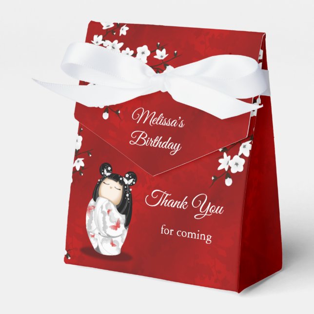 Kokeshi Doll White Red Birthday Thank You Favour Box (Front Side)