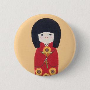Kokeshi Doll with Sunflower 6 Cm Round Badge
