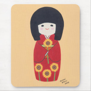 Kokeshi Doll with Sunflower Mouse Pad