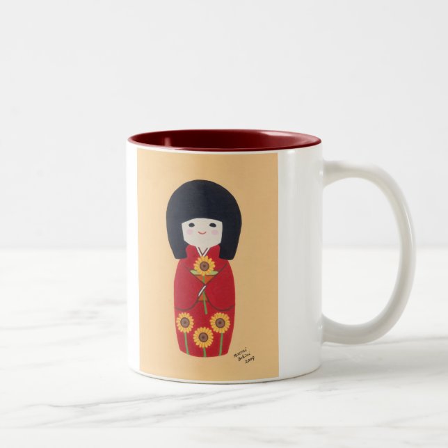 Kokeshi Doll with Sunflower Two-Tone Coffee Mug (Right)