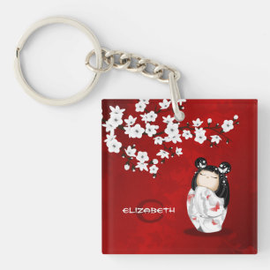 Kokeshi DollRed Black And White Cherry Blossom Key Ring