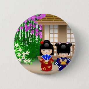 Kokeshi Dolls and Teahouse 6 Cm Round Badge